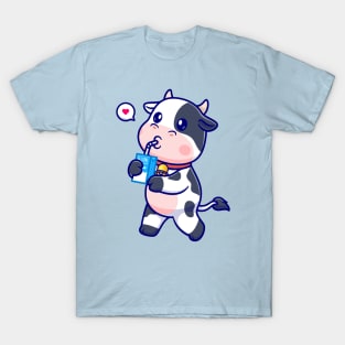 Cute Cow Drinking Milk Cartoon T-Shirt